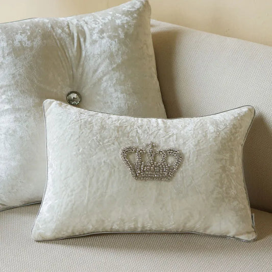 Rhinestone Crown Waist  Pillow Luxury Lumbar Pillow White Velvet Backrest Cushion Pillow Sofa Office Car Waist Cushion Cover