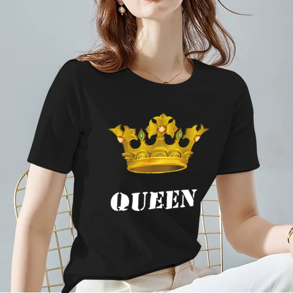 Women Tshirts Summer Queen Crown Pattern Print Female Tops Tee Casual Black and White Basis Ladies T-shirt Women Clothing