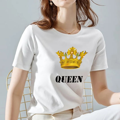 Women Tshirts Summer Queen Crown Pattern Print Female Tops Tee Casual Black and White Basis Ladies T-shirt Women Clothing