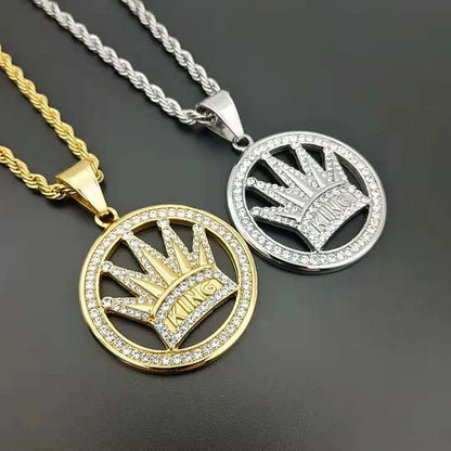 Hip Hop King Crown Pendant Necklace 316L Stainless Steel Gold Silver Color Iced Out Rhinestone Charm Necklace