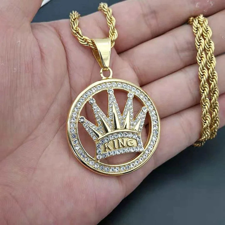 Hip Hop King Crown Pendant Necklace 316L Stainless Steel Gold Silver Color Iced Out Rhinestone Charm Necklace