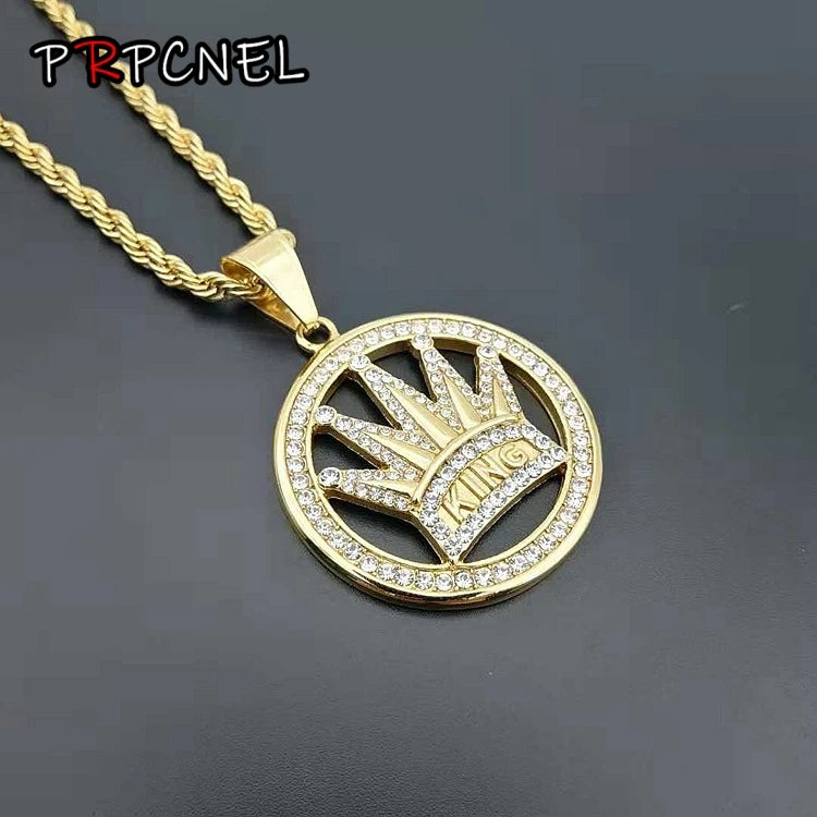 Hip Hop King Crown Pendant Necklace 316L Stainless Steel Gold Silver Color Iced Out Rhinestone Charm Necklace