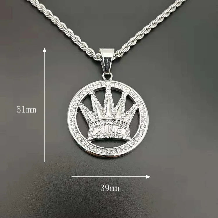 Hip Hop King Crown Pendant Necklace 316L Stainless Steel Gold Silver Color Iced Out Rhinestone Charm Necklace