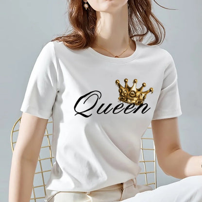 Women Tshirts Summer Queen Crown Pattern Print Female Tops Tee Casual Black and White Basis Ladies T-shirt Women Clothing