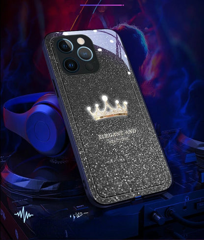 Crown LED Light Glowing Luminous Tempered Glass Back Phone Case For Samsung S24 S23 S22 S21 FE Note 10 20 A14 A54 A73 Plus Ultra