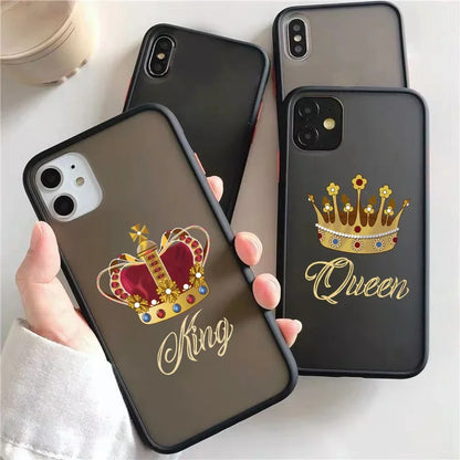 JAMULAR Cute King Queen Crown Couple Phone Case For iPhone 12 13 14 15 Pro 11 Max Plus mini XS XR Transparent Hard Cover Fundas