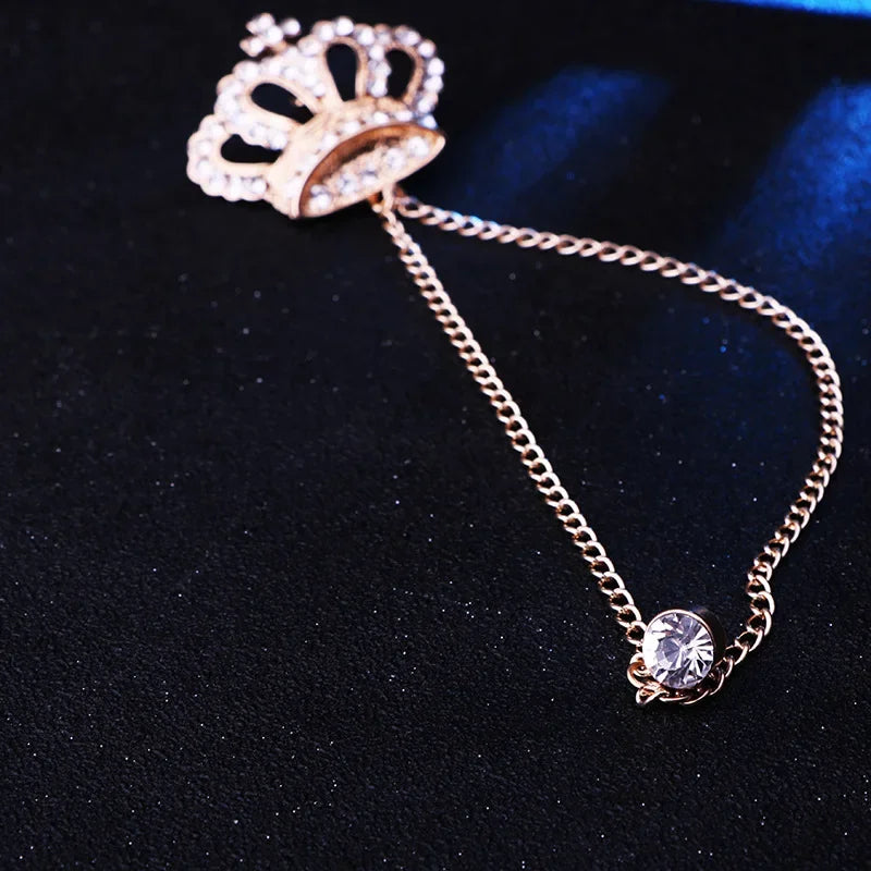 Korean Luxury Rhinestone Crown Brooch Pin Tassel Lapel Pins Suit Shirt Collar Badge Corsage Brooches for Men Jewelry Accessories