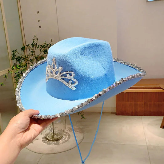 KAMMPT Wide Brim Pink Cowboy Hats Cowgirl Party Carnival Western Hats Stylish Glitter Crown Sequin Feather Caps for Women's