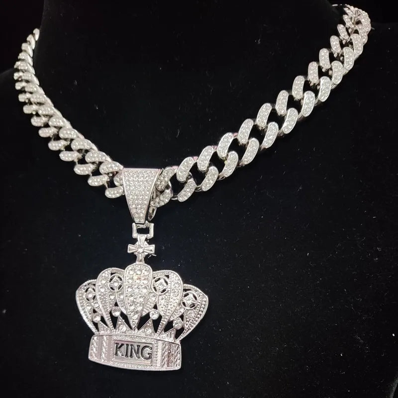 Men Women Hip Hop Crown Pendant Necklace Cuban Chain Hiphop Iced Out Bling Bling Necklaces Fashion Jewelry Gifts