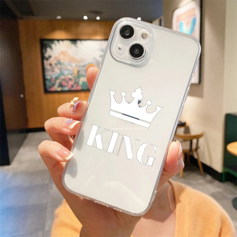 For iPhone 15 14 13 12 mini 11 Pro Max XS X XR SE 7 8 Plus Silicone Clear Cover Couple Style Cartoon Crown king Queen Phone Case