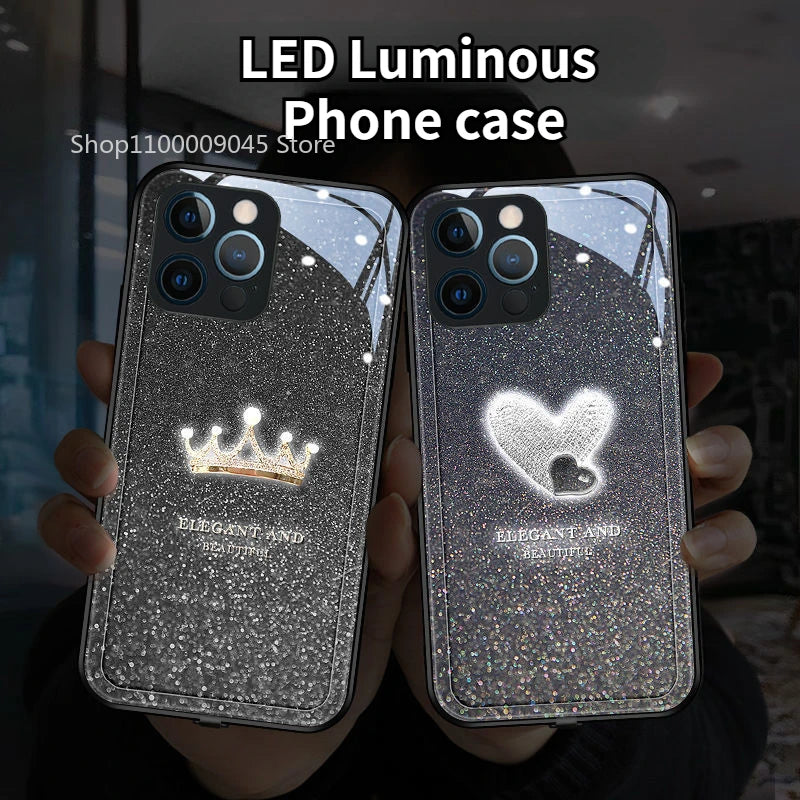 Crown LED Light Glowing Luminous Tempered Glass Back Phone Case For Samsung S24 S23 S22 S21 FE Note 10 20 A14 A54 A73 Plus Ultra