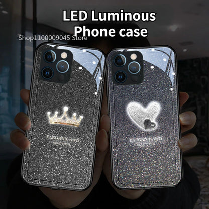 Crown LED Light Glowing Luminous Tempered Glass Back Phone Case For Samsung S24 S23 S22 S21 FE Note 10 20 A14 A54 A73 Plus Ultra