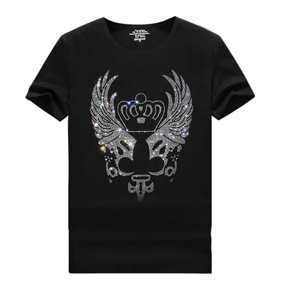 Fashion Crown Wing Rhinestones T Shirts Men Clothing Summer Streetwear Short Sleeve O Neck Slim T-shirt Man Camisetas De Hombre