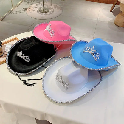 KAMMPT Wide Brim Pink Cowboy Hats Cowgirl Party Carnival Western Hats Stylish Glitter Crown Sequin Feather Caps for Women's