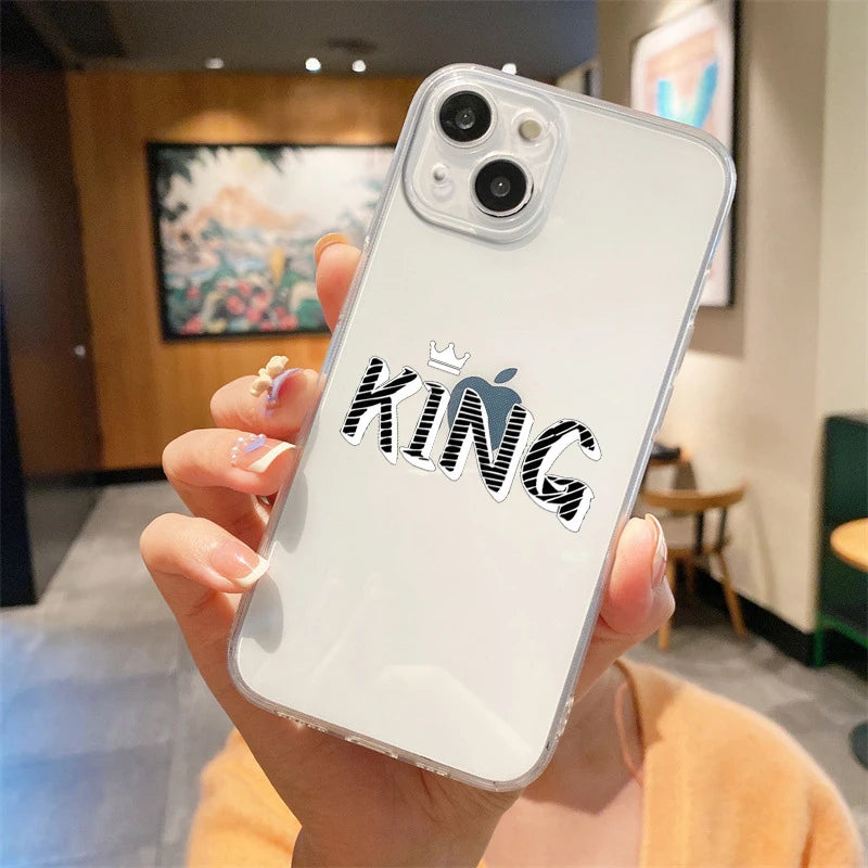 For iPhone 15 14 13 12 mini 11 Pro Max XS X XR SE 7 8 Plus Silicone Clear Cover Couple Style Cartoon Crown king Queen Phone Case