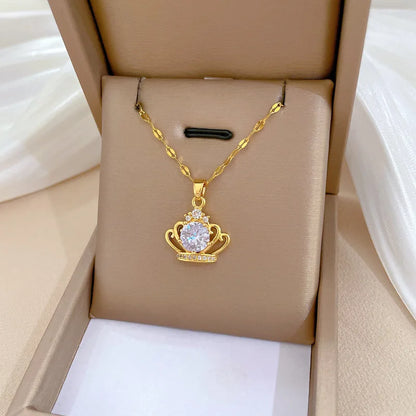 Classic Retro Charm Queen's Crown Micro-Inlaid Stainless Steel Necklace Exquisite Personalized Hollow Clavicle Chain