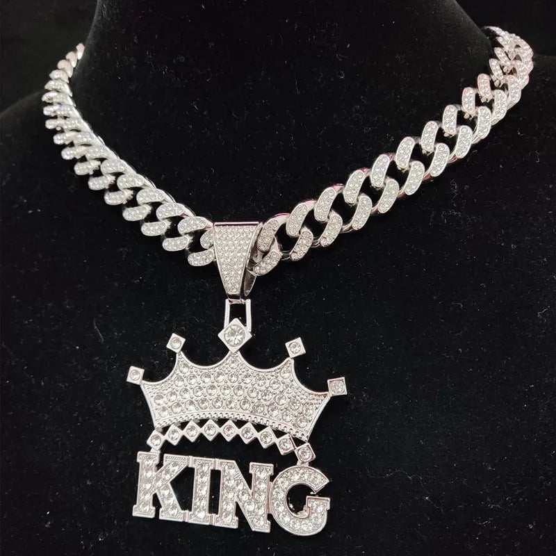 Men Hip Hop Crown with King Pendant Necklace with 13mm Crystal Cuban Chain HipHop Iced Out Bling Necklaces Fashion Charm Jewelry