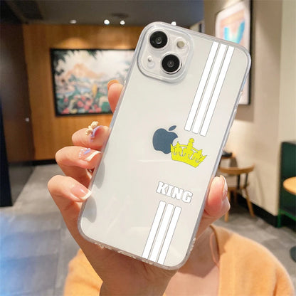 For iPhone 15 14 13 12 mini 11 Pro Max XS X XR SE 7 8 Plus Silicone Clear Cover Couple Style Cartoon Crown king Queen Phone Case