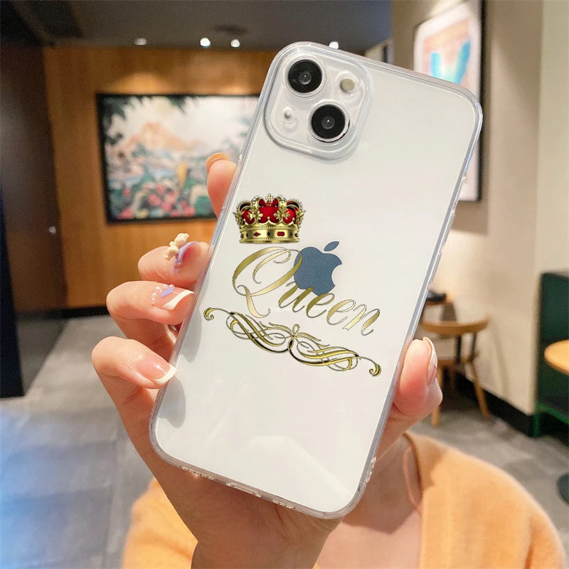 For iPhone 15 14 13 12 mini 11 Pro Max XS X XR SE 7 8 Plus Silicone Clear Cover Couple Style Cartoon Crown king Queen Phone Case