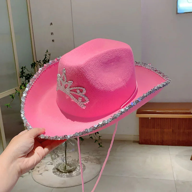 KAMMPT Wide Brim Pink Cowboy Hats Cowgirl Party Carnival Western Hats Stylish Glitter Crown Sequin Feather Caps for Women's