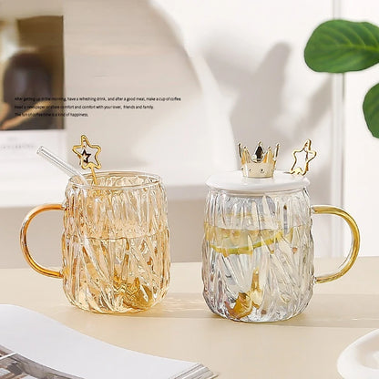 450ML Luxury Style Ins Crown Glass Mug With Lid Spoon Heat-resistant Glass Drinking Home Office Coffee Cup Friend New Year Gift