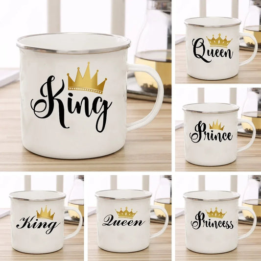 Funny King Queen Prince Princess Enamel Cup Gold Crown Print Mug Coffee Cup Breakfast Dessert Milk Water Cup Couple Gift