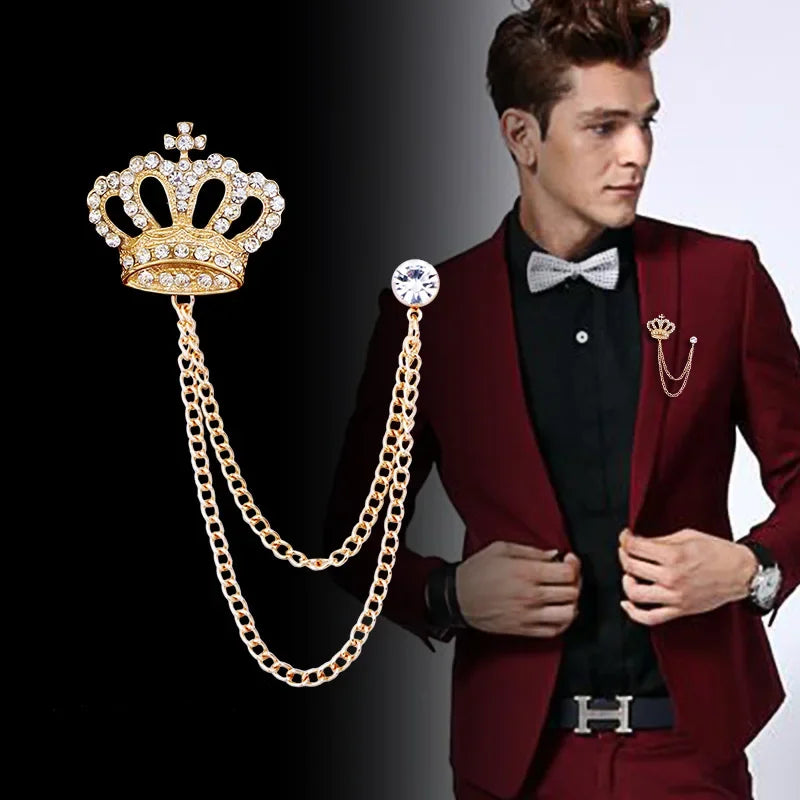 Korean Luxury Rhinestone Crown Brooch Pin Tassel Lapel Pins Suit Shirt Collar Badge Corsage Brooches for Men Jewelry Accessories