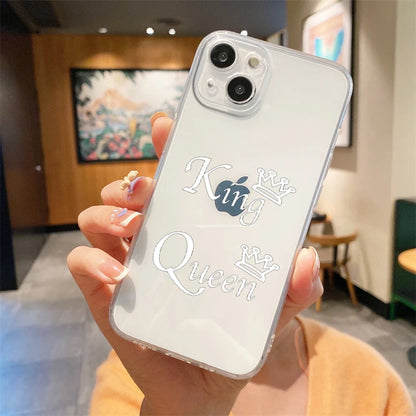 For iPhone 15 14 13 12 mini 11 Pro Max XS X XR SE 7 8 Plus Silicone Clear Cover Couple Style Cartoon Crown king Queen Phone Case