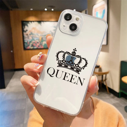 For iPhone 15 14 13 12 mini 11 Pro Max XS X XR SE 7 8 Plus Silicone Clear Cover Couple Style Cartoon Crown king Queen Phone Case