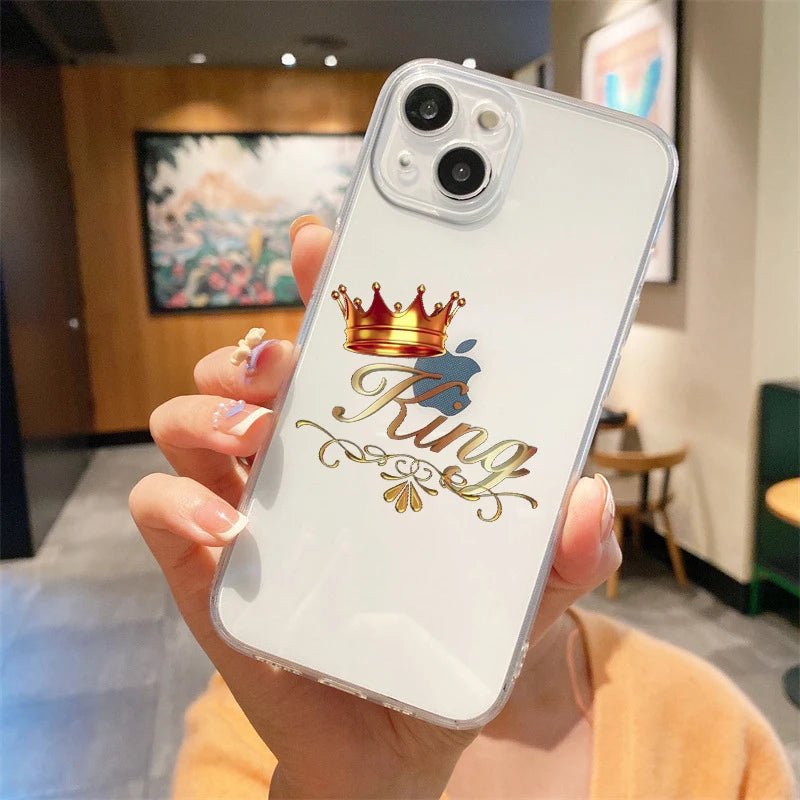 For iPhone 15 14 13 12 mini 11 Pro Max XS X XR SE 7 8 Plus Silicone Clear Cover Couple Style Cartoon Crown king Queen Phone Case