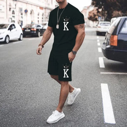 Men's Pink T-shirt Set Crown K Popular Design Printed Solid Summer 2-piece Set for Men's Extra Large Short Sleeve Set