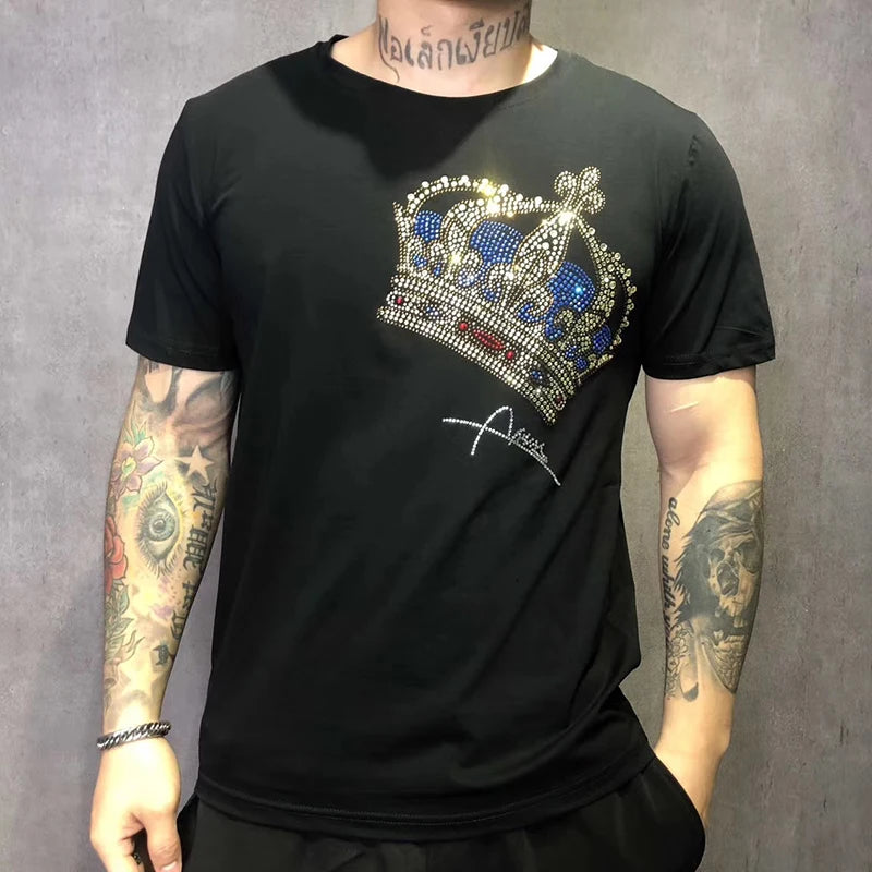 The New Cotton Round Neck Trendy Loose Top Crown Hot Diamond Printing Shiny Men's T-Shirt Sweatshirt Breathable