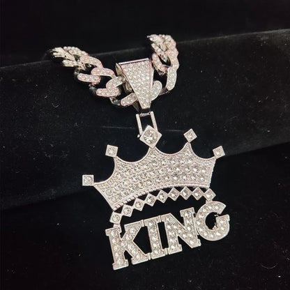 Men Hip Hop Crown with King Pendant Necklace with 13mm Crystal Cuban Chain HipHop Iced Out Bling Necklaces Fashion Charm Jewelry