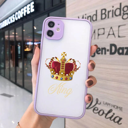 JAMULAR Cute King Queen Crown Couple Phone Case For iPhone 12 13 14 15 Pro 11 Max Plus mini XS XR Transparent Hard Cover Fundas