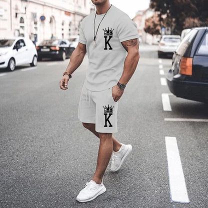 Men's Pink T-shirt Set Crown K Popular Design Printed Solid Summer 2-piece Set for Men's Extra Large Short Sleeve Set