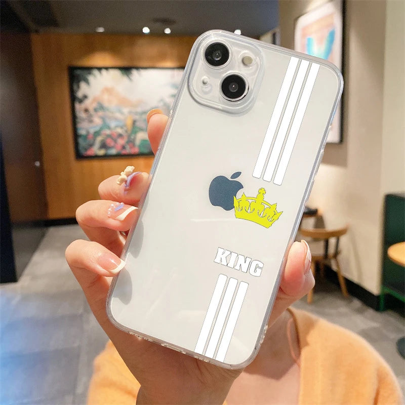 For iPhone 15 14 13 12 mini 11 Pro Max XS X XR SE 7 8 Plus Silicone Clear Cover Couple Style Cartoon Crown king Queen Phone Case