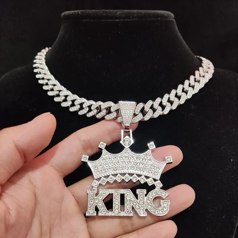 Men Hip Hop Crown with King Pendant Necklace with 13mm Crystal Cuban Chain HipHop Iced Out Bling Necklaces Fashion Charm Jewelry