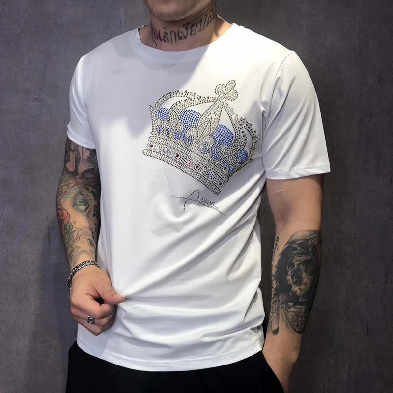 The New Cotton Round Neck Trendy Loose Top Crown Hot Diamond Printing Shiny Men's T-Shirt Sweatshirt Breathable