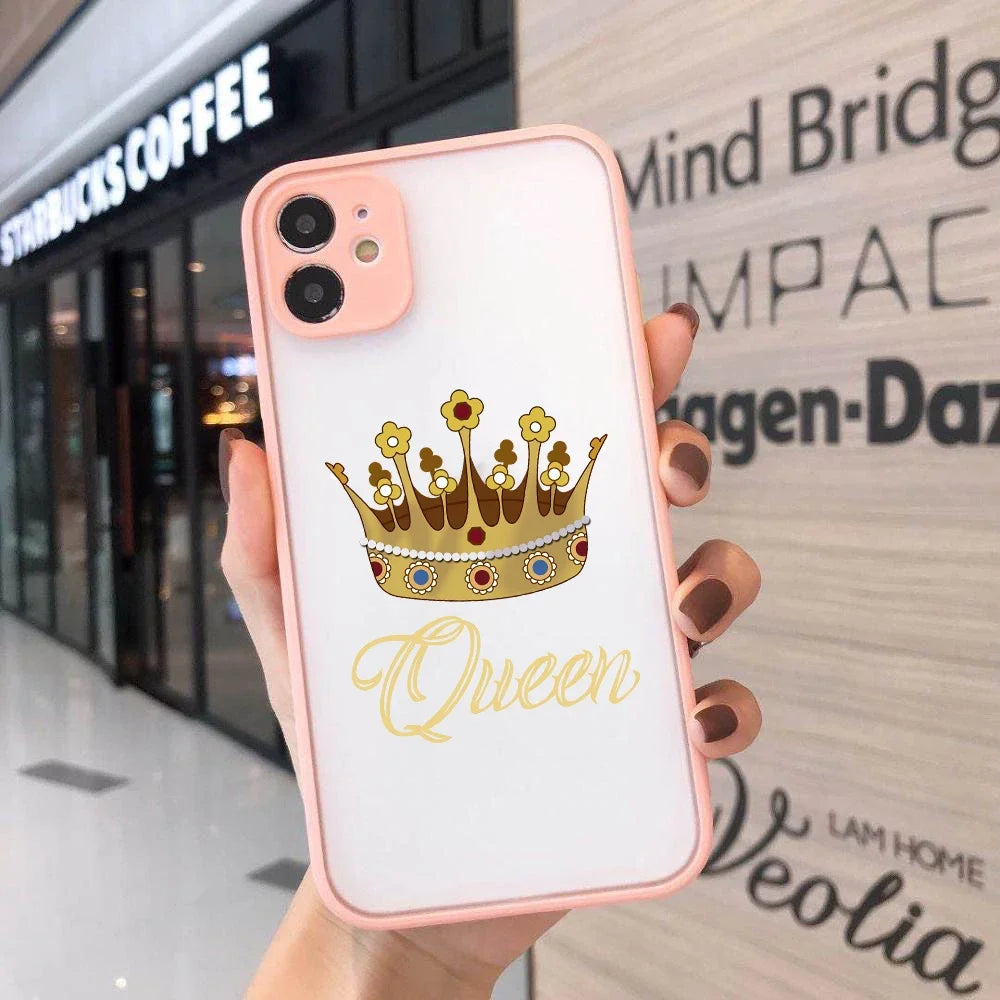 JAMULAR Cute King Queen Crown Couple Phone Case For iPhone 12 13 14 15 Pro 11 Max Plus mini XS XR Transparent Hard Cover Fundas