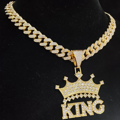 Men Hip Hop Crown with King Pendant Necklace with 13mm Crystal Cuban Chain HipHop Iced Out Bling Necklaces Fashion Charm Jewelry