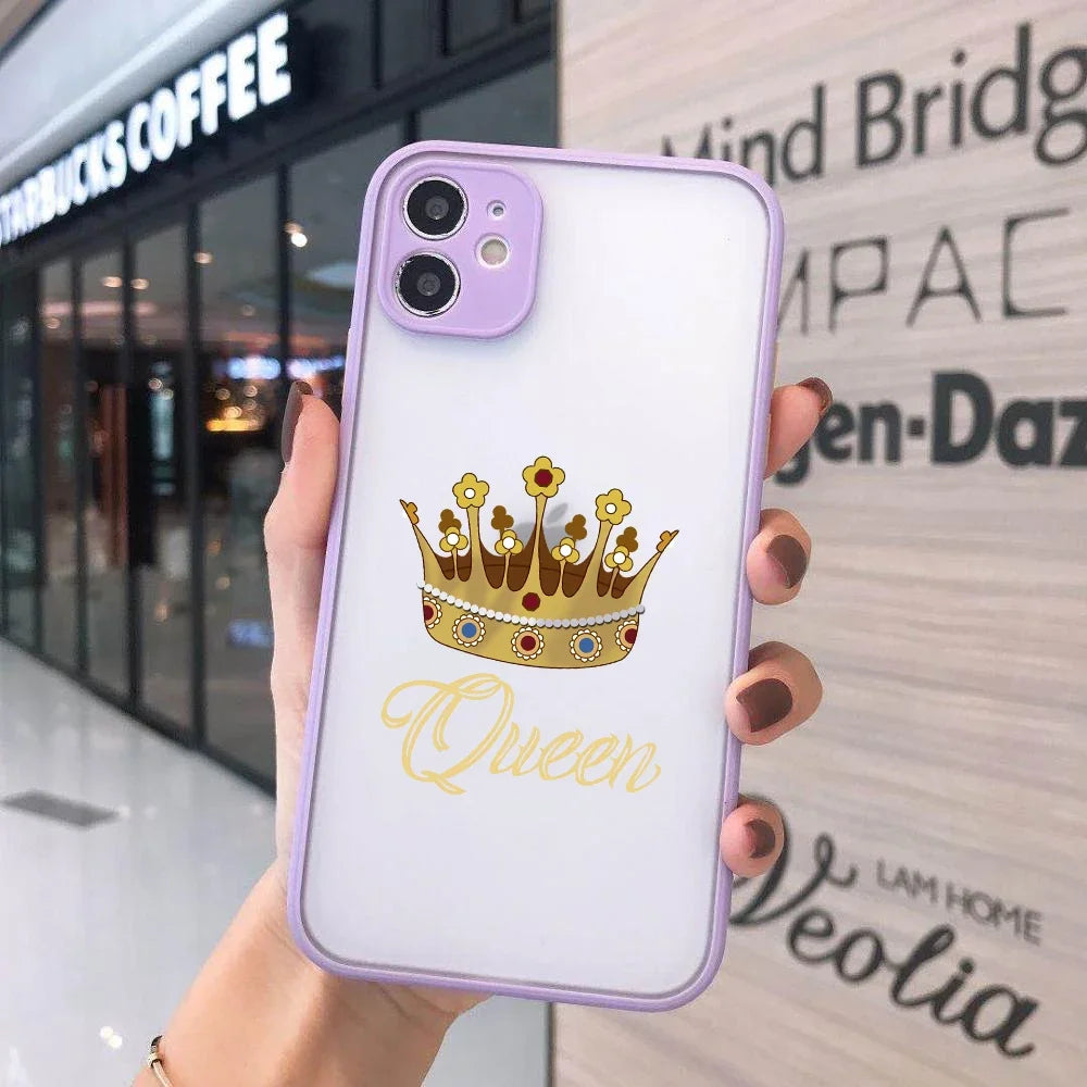 JAMULAR Cute King Queen Crown Couple Phone Case For iPhone 12 13 14 15 Pro 11 Max Plus mini XS XR Transparent Hard Cover Fundas