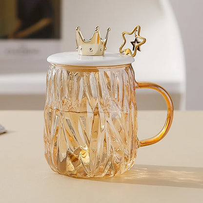 450ML Luxury Style Ins Crown Glass Mug With Lid Spoon Heat-resistant Glass Drinking Home Office Coffee Cup Friend New Year Gift