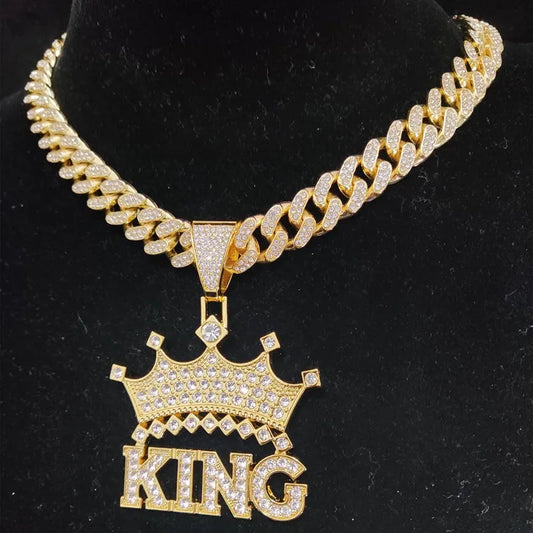 Men Hip Hop Crown with King Pendant Necklace with 13mm Crystal Cuban Chain HipHop Iced Out Bling Necklaces Fashion Charm Jewelry