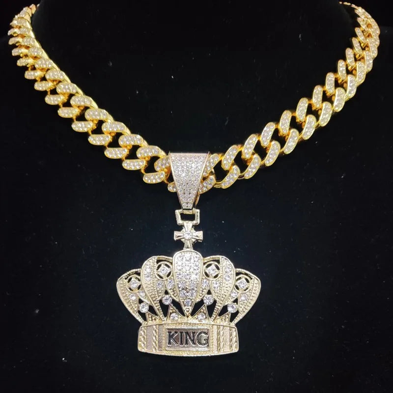 Men Women Hip Hop Crown Pendant Necklace Cuban Chain Hiphop Iced Out Bling Bling Necklaces Fashion Jewelry Gifts