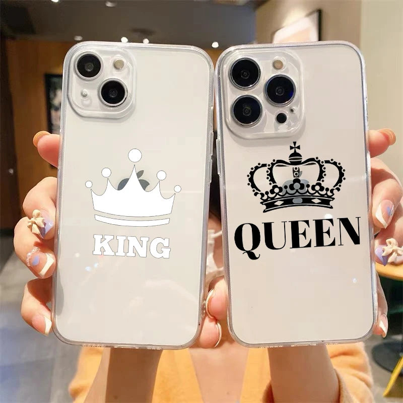 For iPhone 15 14 13 12 mini 11 Pro Max XS X XR SE 7 8 Plus Silicone Clear Cover Couple Style Cartoon Crown king Queen Phone Case